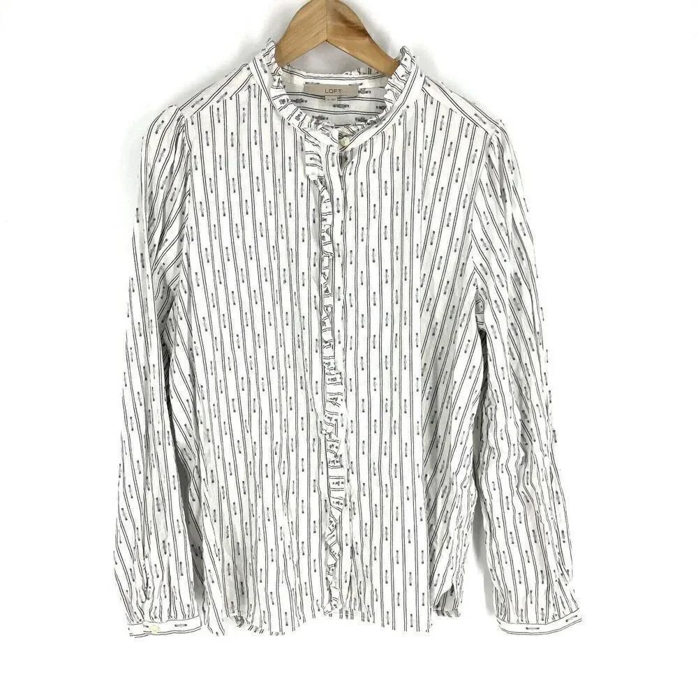 LOFT Top Size XL White Clip Ruffle Stripe Long Sleeve Shirt Button Up Prairie